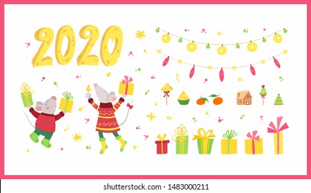 2020 New Year animal symbols vector illustrations set. Cheerful mice with gift boxes celebrating winter holiday. Christmas garlands, desserts, fruits. Seasonal banner, greeting card design element
