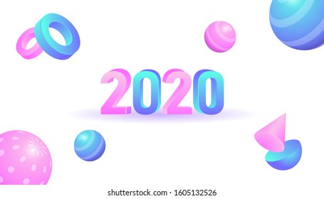 2020 new year background with 3d geometric shapes in soft blue and pink gradient color for wallpaper, greeting, banner template