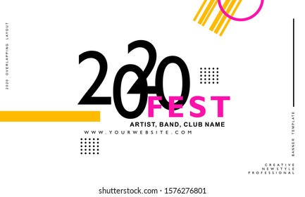 2020 new year background banner template. Modern trend style overlapping number symbol and text typography lettering. Festival, event, music, concert poster layout. Vector illustration.