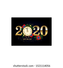 2020 New Year Background with clock, gift box, candy cane, pine branches decorated, gold stars and bubbles on black. Vector illustration