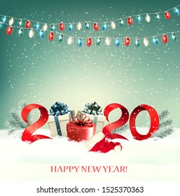 2020 New Year background with gift boxes and colorful garland. Vector.