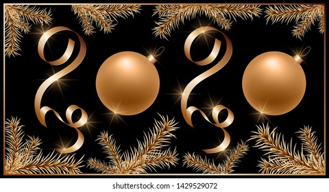 2020 new year background with gold ribbons and balls. Golden fir branches framing.