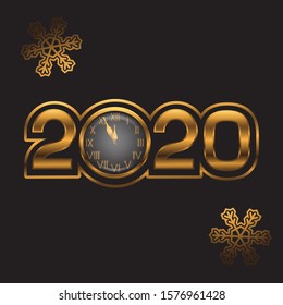 2020 New year background with gold clock on black background. Vector image eps 10