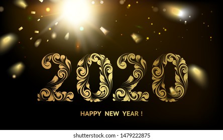 2020 New year background. Holiday label with fallen golden glitter confetti over black backdrop. Calendar design template.