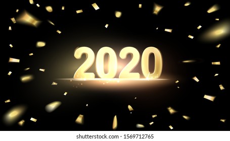 2020 New year background. Holiday label with fallen golden glitter confetti over black backdrop. Calendar design template.