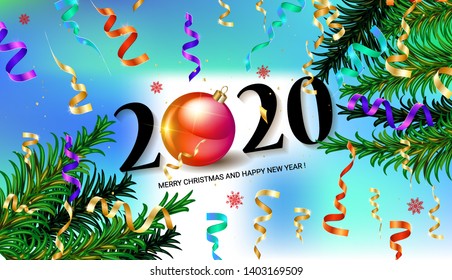 2020 New year background pine branches are decorated with colored ribbons and confetti, beautiful gold sequins. Vector illustration