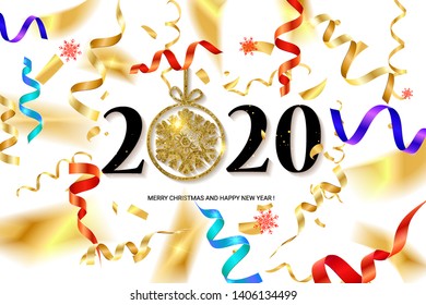 2020 New year background pine branches are decorated with colored ribbons and confetti, beautiful gold sequins. Vector illustration