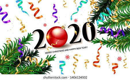 2020 New year background pine branches are decorated with colored ribbons and confetti, beautiful gold sequins. Vector illustration