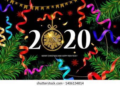 2020 New year background pine branches are decorated with colored ribbons and confetti, beautiful gold sequins. Vector illustration