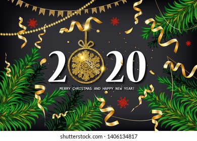 2020 New year background pine branches are decorated with colored ribbons and confetti, beautiful gold sequins. Vector illustration
