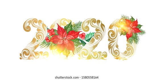 2020 New year background with poinsettia flowers. Astrological cover over white backdrop. Calendar design template.