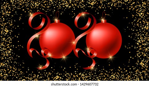 2020 new year background with red ribbons and balls. Colored confetti vector illustration.