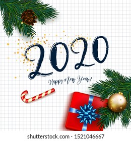 2020 New Year banner with box gifts with bow, candy cane, bubble on a sheet of exercise book. Christmas ornament decorations. Vector illustration