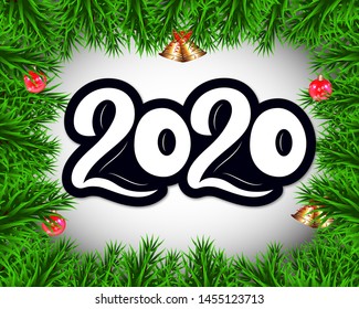 2020 New Year banner with branch spruce, balls, bells. volume numbers. Hand lettering. Vector illustration. As template for design, calendar, postcard, greeting card web poster print