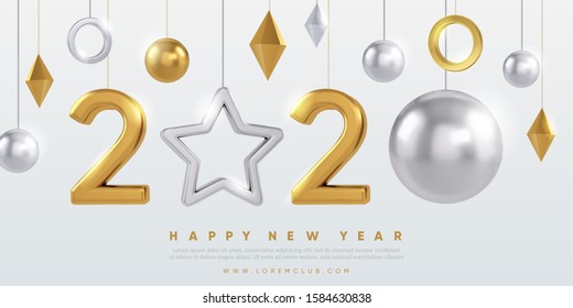 2020 New Year banner design. Gold and silver 3d shapes and 2020 numbers on light background. Winter holidays background design. Eps10 vector.