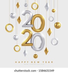 2020 New Year banner design. Gold and silver 3d shapes and 2020 numbers on light background. Winter holidays background design. Eps10 vector.