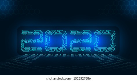 2020 New Year. Banner inscription, circuit board under the processor. Vector illustration