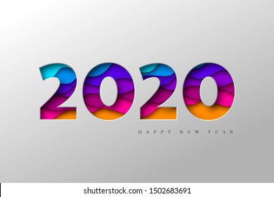 Cartel de Año Nuevo 2020. Números de corte de papel con formas onduladas de colores brillantes 3d. Diseño de cubierta mínima. Plantilla para volantes de Navidad, tarjetas de felicitación, folletos. Vector.