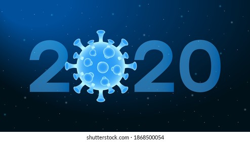 2020 New Year banner with virus cell of Coronavirus. Abstract illustration with 2020 number and COVID-19 bacteria on blue background. Vector.