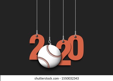 2020 New Year and baseball ball as a Christmas decorations hanging on strings. 2020 hang on cords on an isolated green background. Design pattern for greeting card. Vector illustration