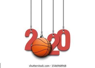 2020 New Year and basketball ball as a Christmas decorations hanging on strings. 2020 hang on cords on an isolated background. Design pattern for greeting card. Vector illustration