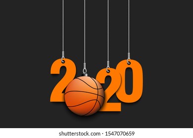 2020 New Year and basketball ball as a Christmas decorations hanging on strings. 2020 hang on cords on an isolated background. Design pattern for greeting card. Vector illustration