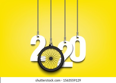 2020 New Year and bicycle wheel as a Christmas decorations hanging on strings. 2020 hang on cords on an isolated background. Design pattern for greeting card. Vector illustration