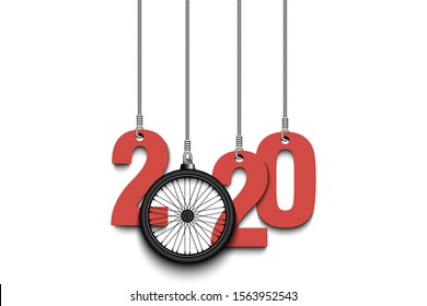 2020 New Year and bicycle wheel as a Christmas decorations hanging on strings. 2020 hang on cords on an isolated background. Design pattern for greeting card. Vector illustration