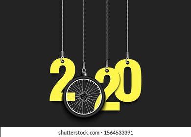 2020 New Year and bicycle wheel as a Christmas decorations hanging on strings. 2020 hang on cords on an isolated background. Design pattern for greeting card. Vector illustration