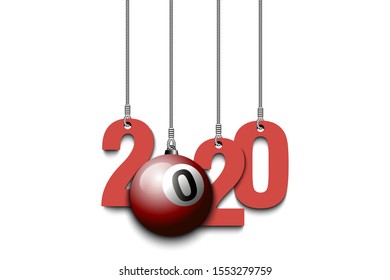2020 New Year and billiard ball as a Christmas decorations hanging on strings. 2020 hang on cords on an isolated background. Design pattern for greeting card. Vector illustration