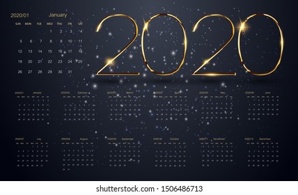 2020 New Year Black background. Gold text. Calendar design in black and white colors. Realistic falling snowflakes. Vector illustration