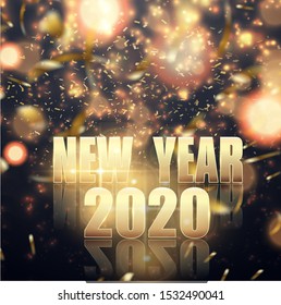 2020 New Year Black background with gold glitter confetti splatter. Festive premium design template for holiday greeting card, invitation, calendar poster, banner