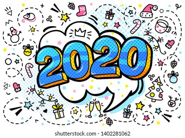 2020 new year. Blue Numbers 2020 in pop art style on white background with hand drawn decorations. Vector illustration.