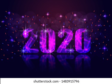2020 New Year. Brilliant inscription in violet tones and its reflection. Vector illustration