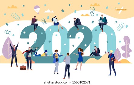 2020 New Year Business party concept with men and women celebrating the holiday season toasting the start of a new year with some sitting on the numerals of the date as colleagues gather below, vector