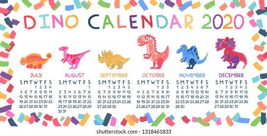 2020 new year calendar in bright confetti frame. Six different kinds of hand drawn marker dinosaurs.