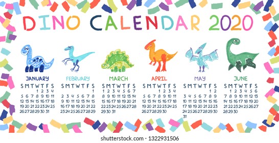 2020 new year calendar in bright confetti frame. Six different kinds of hand drawn marker dinosaurs.