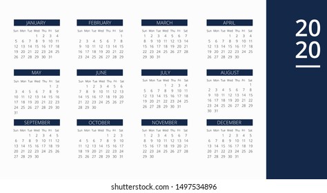 2020 New Year Calendar. Business and corporate calendar template. Vector