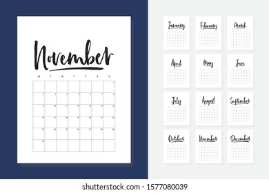 2020 new year calendar in clean minimal table simple style. Hand drawn lettering, black and white minimalist design, handwritten planner, Week Starts Monday. Letter size