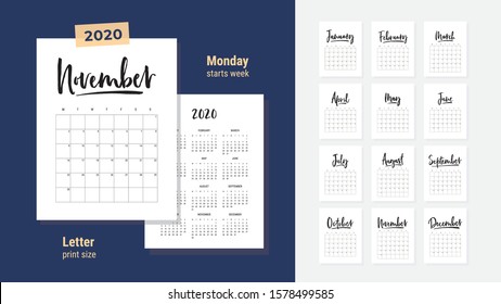 2020 new year calendar in clean minimal table simple style. Hand drawn lettering, black and white minimalist design, handwritten planner, Week Starts Monday. Letter size