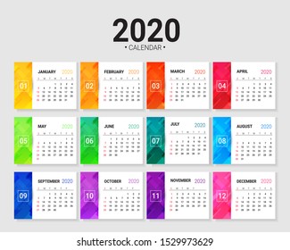 2020 New year calendar, Colorful gradient . Week Starts Sunday. vector template.