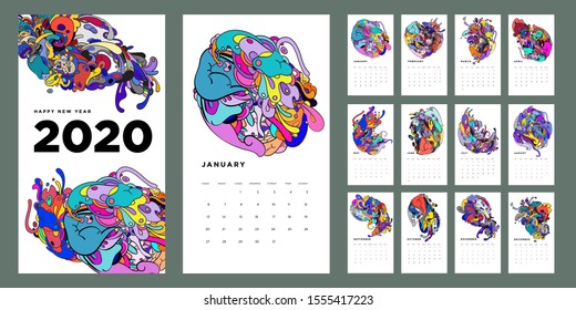 2020 new year calendar design template with colorful abstract doodle decorative illustration 
