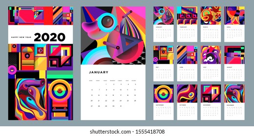 2020 new year calendar design template with colorful abstract liquid and geometric background
