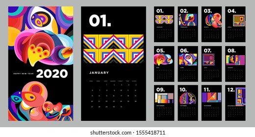 2020 new year calendar design template with colorful abstract liquid and geometric background

