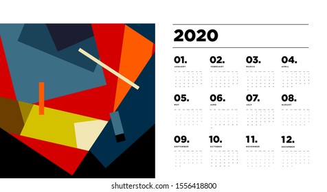2020 new year calendar design template with colorful abstract geometric and liquid background
