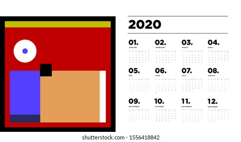 2020 new year calendar design template with colorful abstract geometric and liquid background
