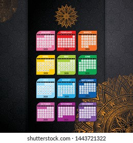 2020 new year calendar page color blue, green, orange, yellow gradient colorful diary desktop. Week Start Sunday. Business day and month planner template. Vector mock up illustration.