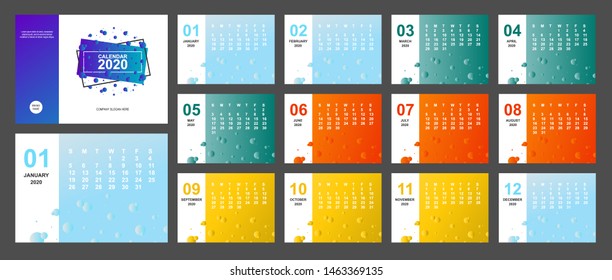 2020 new year calendar page color blue, green, orange, yellow gradient colorful and A5 size diary desktop. Week Start Sunday. Business day and month planner template. Vector mock up illustration