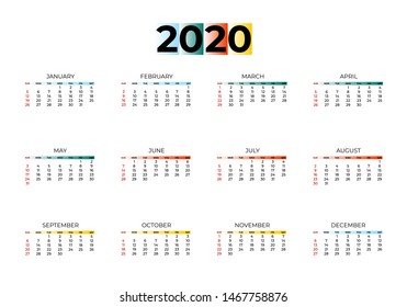 2020 new year calendar page color blue, green, orange, yellow gradient colorful diary desktop. Week Start Sunday. Business day and month planner template. Vector mock up illustration