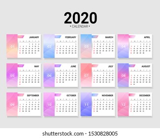 2020 New year calendar, Pastel gradient. Week Starts Sunday. vector template.